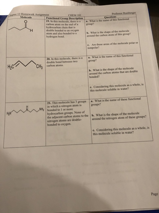 apter 12 Homework Assignment Molecule Professor Rumberger CHEM 101 Functional Group Description 19. In this molecule, there i