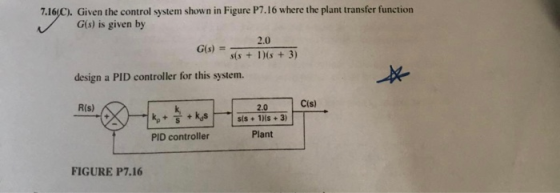 7.16C). Given the control system shown in Figure P7.16 where the plant transfer function G(o) is given by 2.0 design a PID co