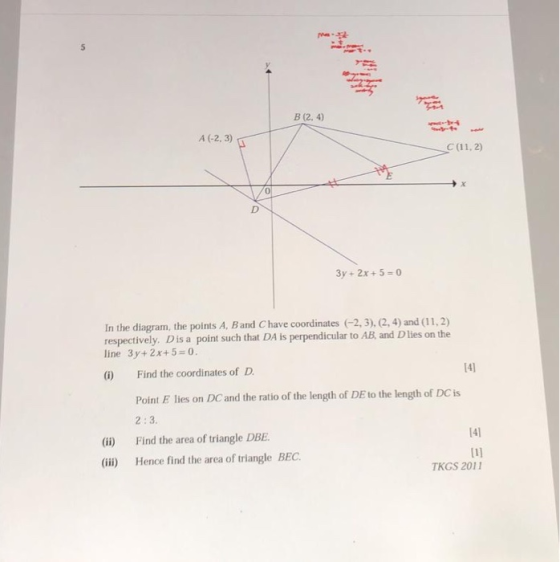 B (2,4) A (-2,3) C (11,2) 0 3y+ 2x+5-0 In the diagram, the points A, Band C have coordinates (-2,3), (2,4) and (11,2) respect