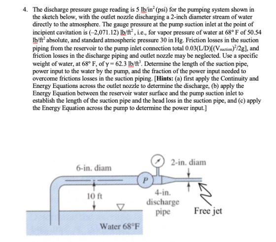 4. The discharge pressure gauge reading is 5 lb/in2 (psi) for the pumping system shown in the sketch below, with the outlet n