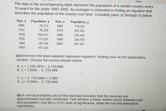 Styles The data in the accompanying table represent the population of a certain country every 10 years for the years 1900-200