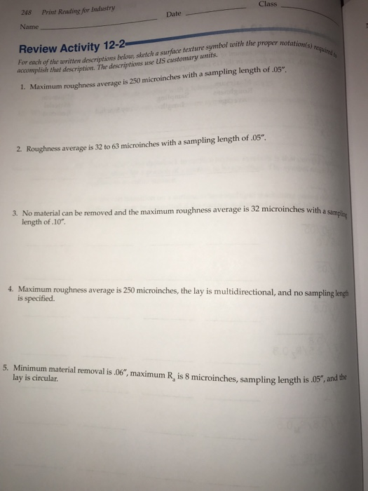 Class Print Reading for Industry 248 Date Name Review Activity 12-2 For ench of the written descriptions below, sketch a surf