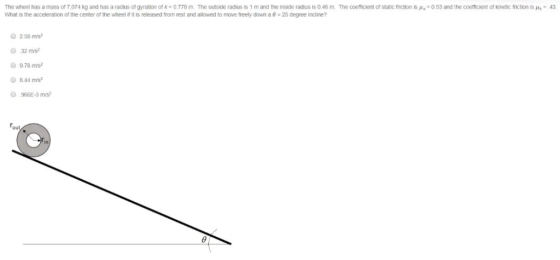 The wheel has a mass of 7,074 kg and has a radius or gyration 0 T78 m The outside dius is 1 m and he inside adi is 046m What