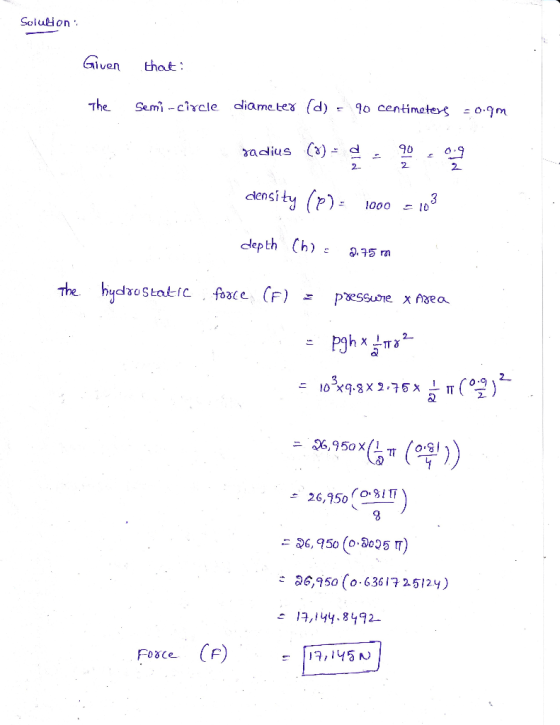Solution Given that diame tex (d) The Semi-circle o centimatert 0.9m Cx) adius .9 2 2 2. density (p) 000 depth (h) The hydreS