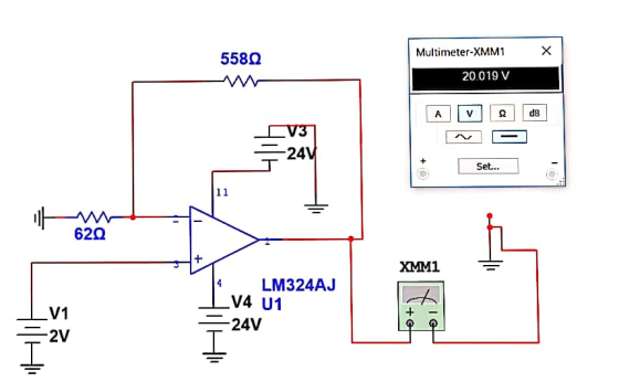 Multimeter-XMM 558Ω 20.019V -_-24 Set... 62Ω XMM1 LM324AJ V4 U1 V1 -24V 2V