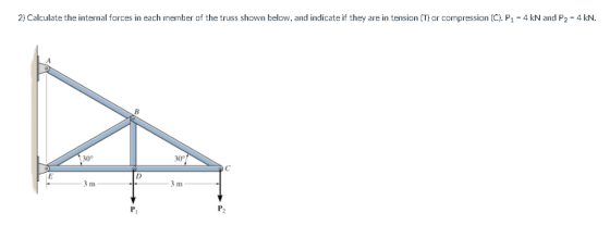2) Calculate the internal forces in each member of the truss shown below, and indicate if they are in tension (T) or compress