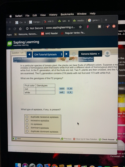 Help Window Bookmarks History View Edit File Safari G gene in media. Uni X HW 3 5Cer X Cenga O Not Secure www.saplinglearning
