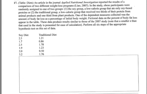 17. (Table: Diets) An article in the journal Applied Nutritional Investigation reported the results of a comparison of two di