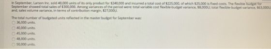 In September, Larson Inc. sold 40,000 units of its only product for $240,000 and incurred a total cost of $225,000, of which