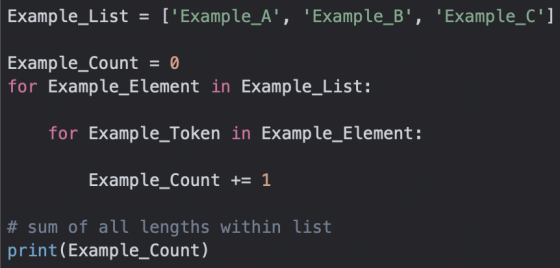 Example_List [Example_A,Example_B, Example_C] Example_Count 0 for Example_Element in Example_List: for Example Token in