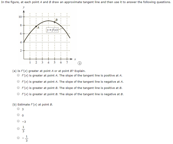 In the figure, at each point A and B draw an approximate tangent line and then use it to answer the following questions y=f(x