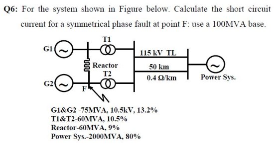 Q6: For the system shown in Figure below. Calculate the short circuit curTent for a symmetrical phase fault at point F: use a