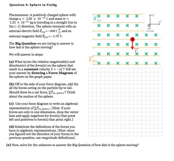 Question 4: Sphere in Fields Phenomenon: A positively charged sphere with charge q-2.00 x 10-19 C and mass m- 3.25 x 10-27 kg