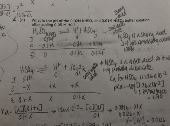 (c)へWhat is the pH of the 0.02M KHso, and 0.01M HS04 buffer solution after adding 0.05 M HCI? dakn Kaf0rHS04 is126 x 10-2 ),9