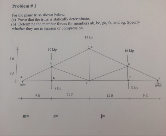 Problem # 1 For the plane truss shown below: (a) Prove that the truss is statically determinate. (b) Determine the member for