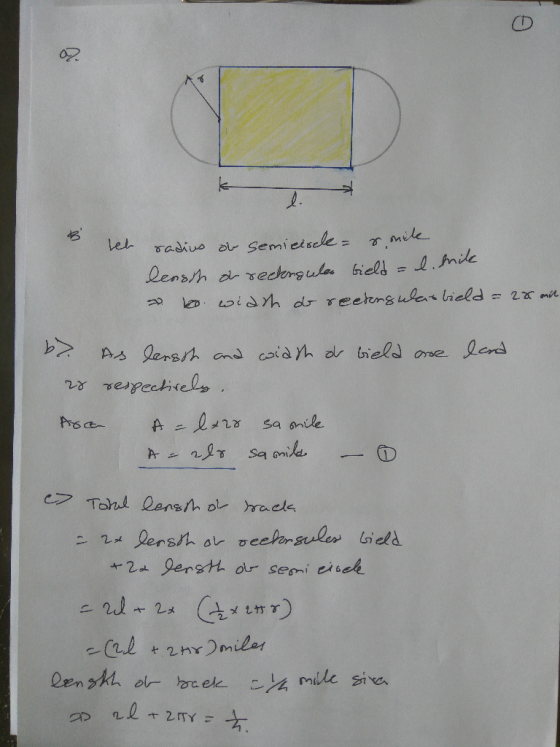 Let radiue or Semieiscle r mile lensh dvechrgule icld = l.mile widh dr reehrg uler licld = 2 mit As lensh ond coid h d bield