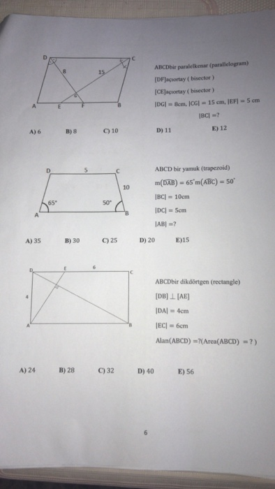 ABCDbir paralelkenar (parallelogram) [DFlaçsortay ( bisector) [CEJaçiortay (bisector ) E) 12 D) 11 B) 8 C) 10 A) 6 ABCD bir y