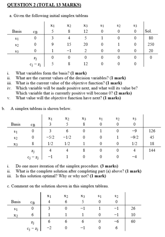 UESTION 2 (TOTAL 13 MARKS a. Given the following initial simplex tableau 12 0 Sol asis CB 80 15 20 250 20 12 i. What variable