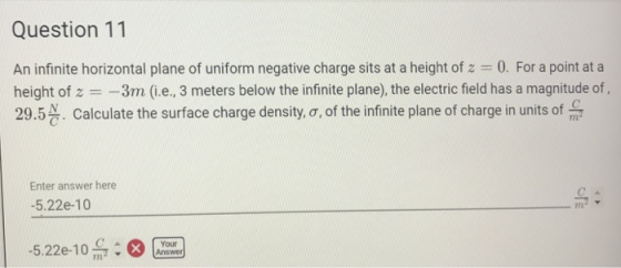 Question 11 An infinite horizontal plane of uniform negative charge sits at a height of z = 0, For a point at a height of z3m