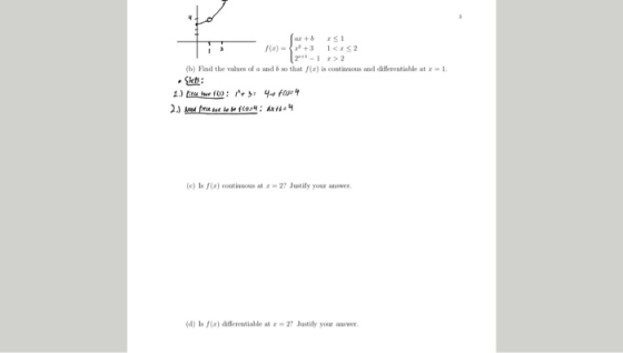 az +b f(x)- +3 2 1 2 1<152 (b) Find the values of a and & so that f(z) is continmous and differentiable at 1. Skts 2J Ad frt