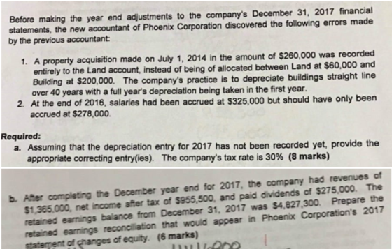Before making the year end adjustments to the companys December 31, 2017 financial new accountant of Phoenix Corporation dis