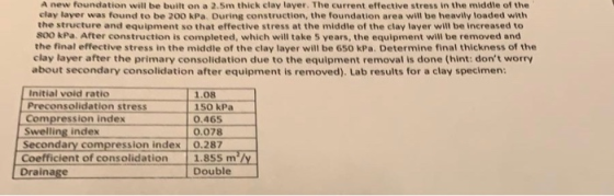 A new foundation will be built on a 2.5m thick clay layer. The current effective stress in the middle of the clay layer was f