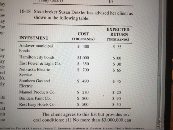 10 lay n- ow ay he 16-18 Stockbroker Susan Drexler has advised her client as shown in the following table. EXPECTED RETURN (T