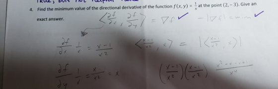 at the point (2, -3). Give an 4. Find the minimum value of the directional derivative of the function f(x, y)- exact answer.