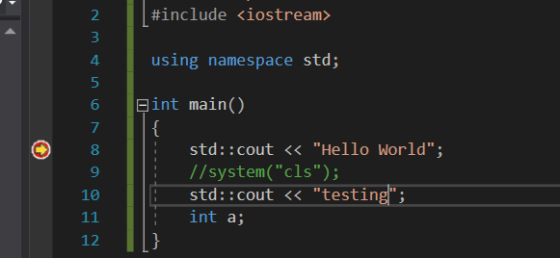 #include <iostream> 2 using namespace std; 4 Bint main) { std::cout << Hello World; //system(cls); std::cout <<testing;