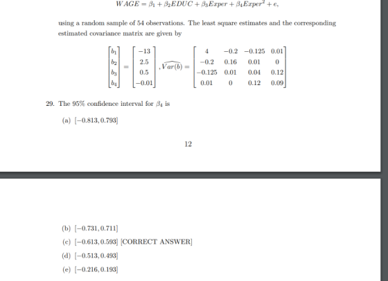WAGE = B1 B2EDUC+B3Exper + BExper + e, using a random sample of 54 observations. The least square estimates and the correspon