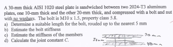 A 30-mm thick AISI 1020 steel plate is sandwiched between two 2024-T3 aluminum plates, one 10-mm thick and the other 20-mm th