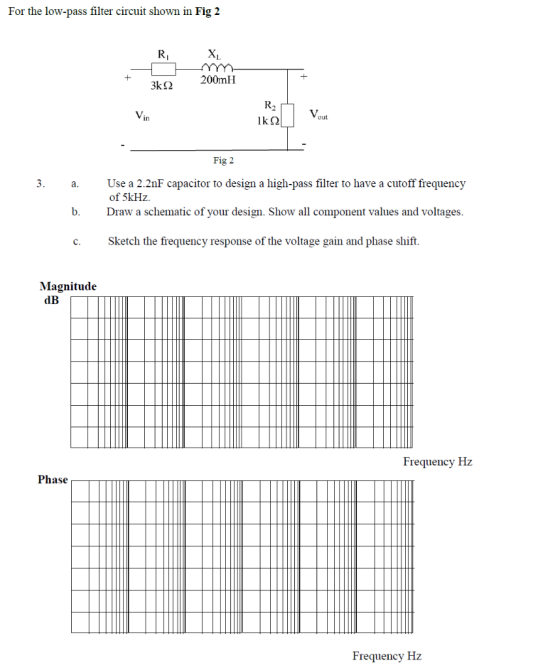 For the low-pass filter circuit shown in Fig 2 3k Ω 200mil in out Fig 2 3.a. Use a 2.2nF capacitor to design a high-pass filt