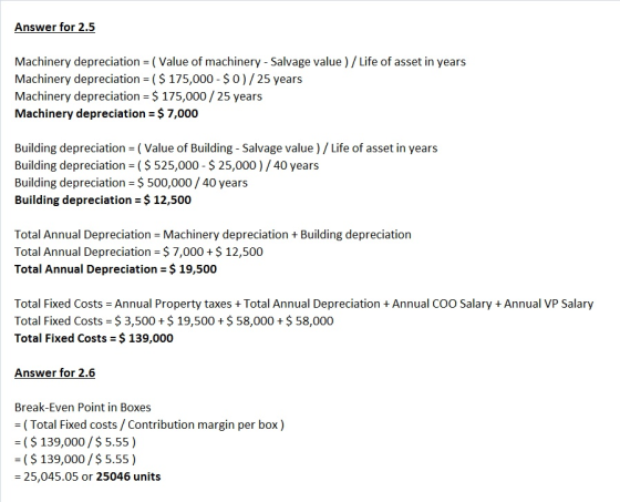 Answer for 2.5 Machinery depreciation (Value of machinery - Salvage value) /Life of asset in years Machinery depreciation- ($