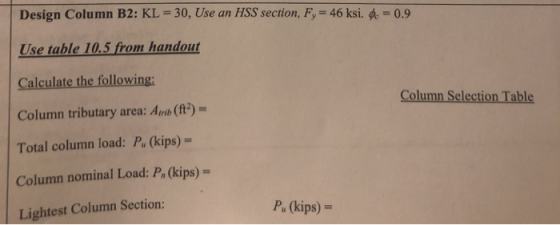 Design Column B2: KL 30, Use an HSS section, Fy 46 ksi. pe 0.9 Use table 10.5 from handout Calculate the following: Column tr