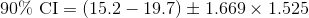 \text{90\% CI}=\left (15.2-19.7 \right )\pm 1.669\times 1.525