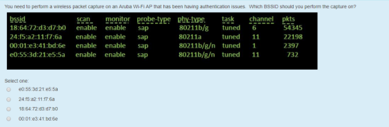 You need to perform a wireless packet capture on an Aruba Wi-Fi AP that has been having authentication issues. Which BSSID sh