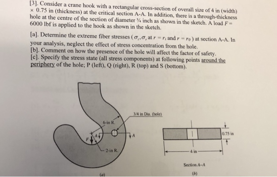 31. Consider a crane hook with a rectangular cross-section of overall size of 4 in (width) x 0.75 in (thickness) at the criti