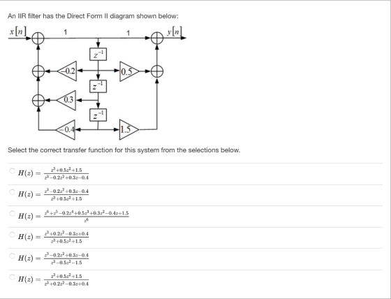 An IIR filter has the Direct Form Il diagram shown below y [n r[n] 0.2 -1 1.5 Select the correct transfer function for this s