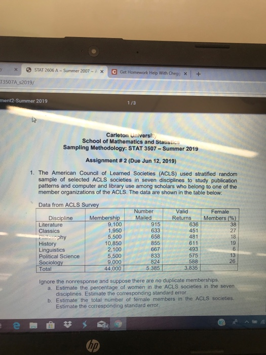 STAT 2606 A - Summer 2007C Get Homework Help With Chegs x+ 13507A $2019/ ment2-Summer 2019 1/3 Carleton Univers School of Mat