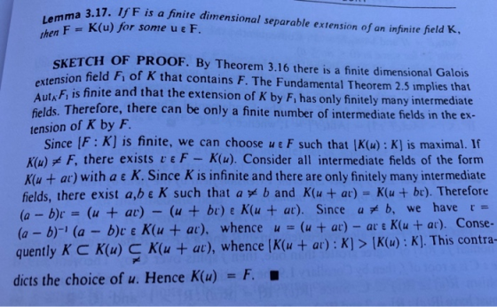f F is a finite dimensional separable extension of an infinite jheld Lemma 3.17. iEaa LenF. K(u) for some u ε . thern SKETCH
