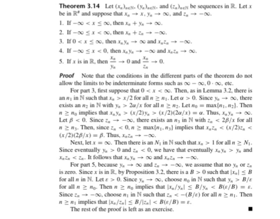 Theorem 3.14 Let (neN aand EneN be sequences in R. Let be in R# and suppose that x → x, y, → oo, and z →-oo. . If -oo <x o,