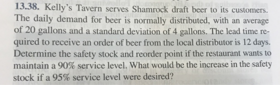 13.38. Kellys Tavern serves Shamrock draft beer to its customers The daily demand for beer is normally distributed, with an