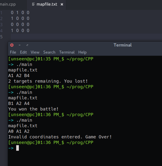 E mapfile.txt x main.cpp 1 010 0 2 100 O 3 000 0 1000 5 Terminal File Edit View Search Terminal Help [unseen@pc]01:35 PM_$ ~/