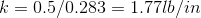 k = 0.5/0.283 = 1.771b/in