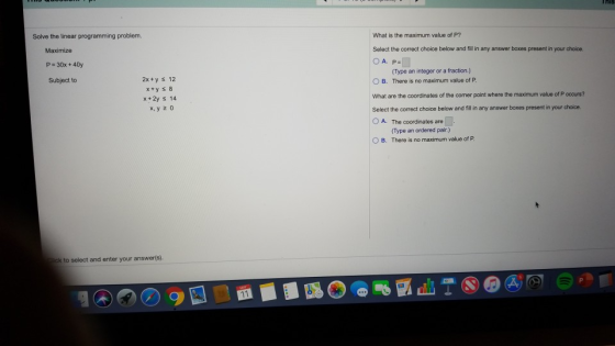 What is the maximum value of P? Solve the linear programming problem Select the correct choice below and fill in any answer b
