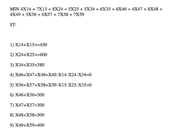 MIN 4X14+ 7X15+8X24 5X25 + 5X34 + 6X35 +6X46 + 4X47 8X48 + 4X493X56 +6X57 + 7X58 +7X59 ST 1) X14+X15-450 2) X24+X25<=600 3) X