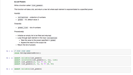 b) List Powers Write a function called list_powers This function will take a list, and return a new list where each element i