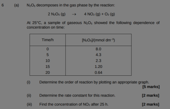 6 (a) N2Os decomposes in the gas phase by the reaction: 2 N2Os (g)4 NO2 (g)+02 (g) At 25°C, a sample of gaseous N2Os showed t