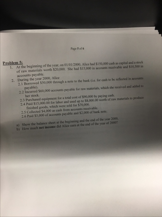 Page 5 of 6 Problem 5 1. At the beginning of the year, on 01/01/2000, Alice had S$150,000 cash as capital and a stock of raw