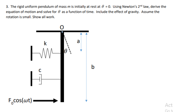 3. The rigid uniform pendulum of mass m is initially at rest at 0 0. Using Newtons 2nd law, derive the equation of motion an
